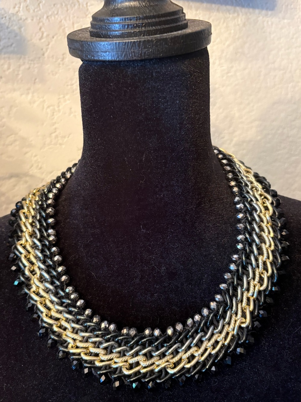Statement Multi-Row Black and Gold Chain Necklace